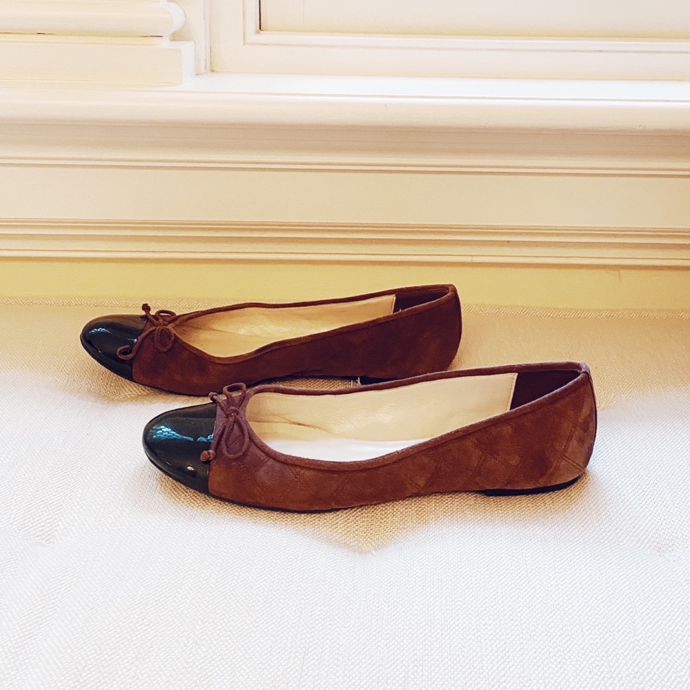 Delman quilted grape suede patent toe